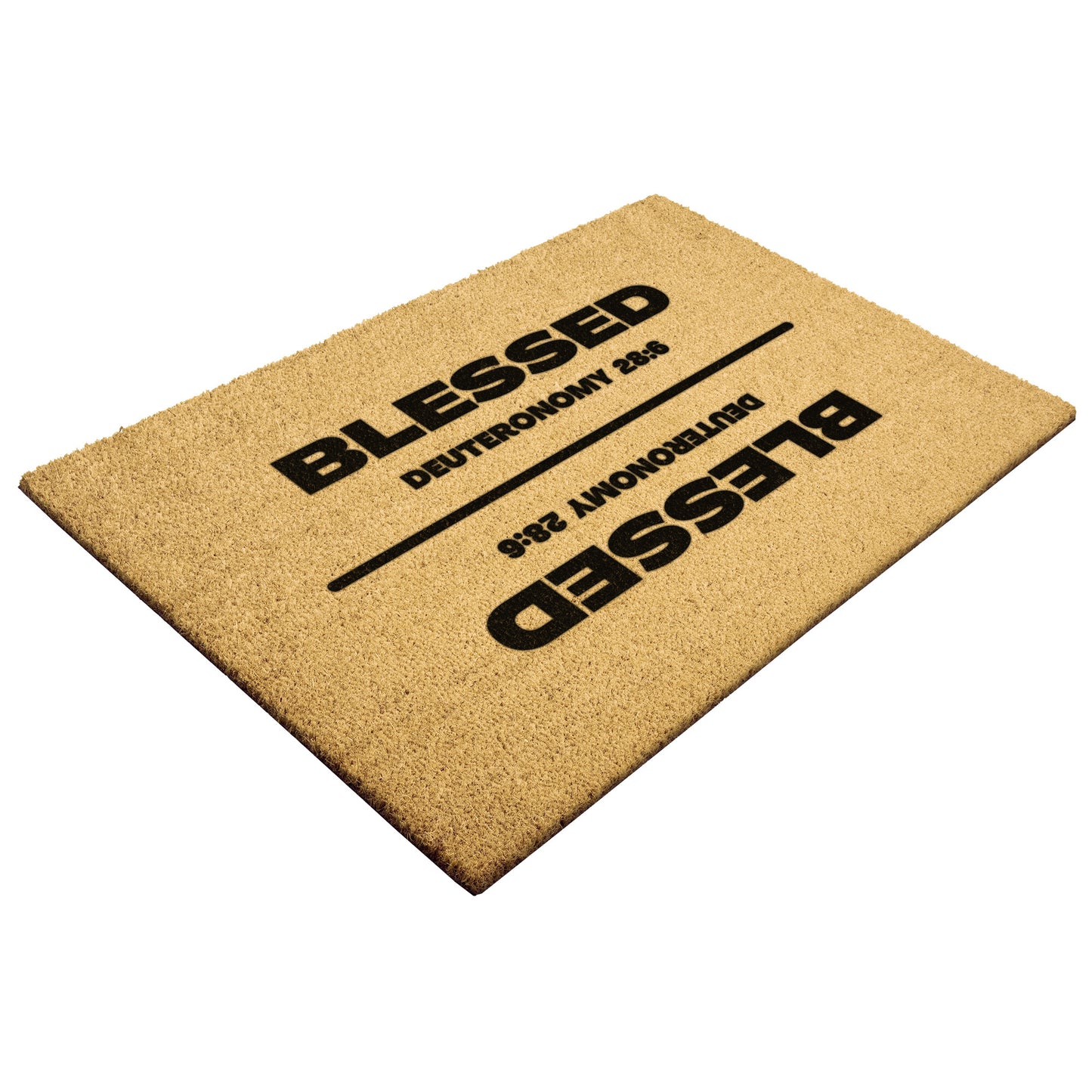 tan outdoor doormat with bible verse stenciled in black