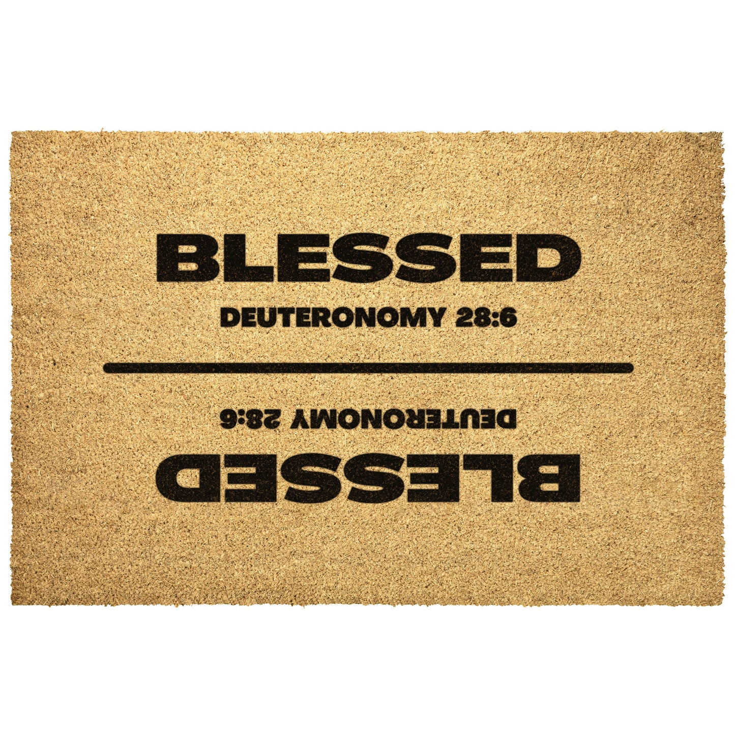 tan outdoor doormat with bible verse stenciled in black
