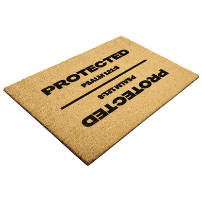 tan outdoor doormat with bible verse stenciled in black