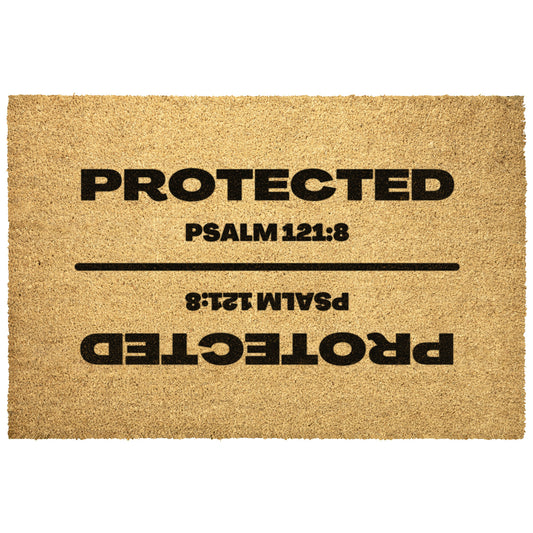 tan outdoor doormat with bible verse stenciled in black